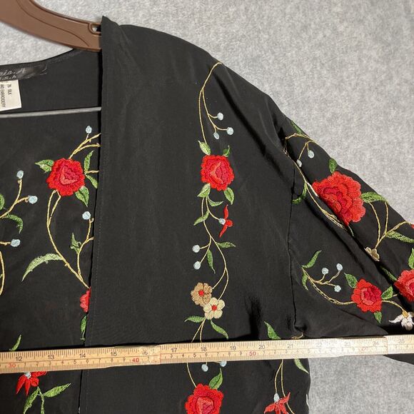 Ania A OPen Cardigan Kimono Womens M Black Embroidered Silk Top Floral Artsy - Picture 10 of 15